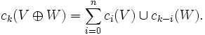 c_k(V \oplus W) = \sum_{i = 0}^n c_i(V) \cup c_{k - i}(W).