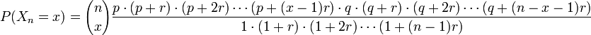 P(X_n=x) = {n \choose x} \frac{p \cdot (p+r) \cdot (p+2r)\cdots (p+(x-1)r) \cdot q \cdot (q+r) \cdot (q+2r) \cdots (q+(n-x-1)r)}{1 \cdot (1+r)\cdot (1+2r) \cdots (1+(n-1)r)}