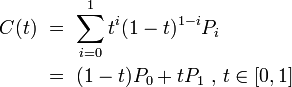 \begin{align}
      C(t) \ &amp;amp;amp; =\ \sum_{i=0}^1 t^i (1-t)^{1-i} P_i \\
           \ &amp;amp;amp; =\ (1-t)P_0 + t P_1 \mbox{ , } t \in [0,1]
\end{align}