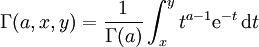 \Gamma(a,x,y)=\frac{1}{\Gamma(a)}\int_x^y t^{a-1} \mathrm{e}^{-t}\,\mathrm{d}t