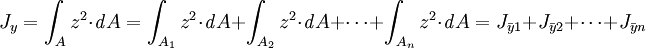 J_y = \int_{A} z^2 \cdot \mathit{d}A = \int_{A_1} z^2 \cdot \mathit{d}A + \int_{A_2} z^2 \cdot \mathit{d}A + \dots + \int_{A_n} z^2 \cdot \mathit{d}A = J_{\bar y1} + J_{\bar y2} + \dots + J_{\bar yn}