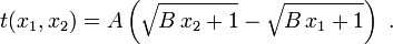 t(x_1,x_2) = A\left(\sqrt{B\,x_2+1}-\sqrt{B\,x_1+1}\right)\ .