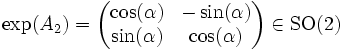 \exp(A_2)=\left(\begin{matrix}
\cos(\alpha)&amp;amp;-\sin(\alpha)\\ \sin(\alpha)&amp;amp;\cos(\alpha)
\end{matrix}\right)\in\operatorname{SO}(2)
