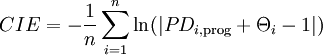 CIE = -\frac{1}{n} \sum_{i=1}^n \ln(|PD_{i,\mathrm{prog}} + \Theta_i-1|) 