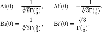 \begin{align}
 \mathrm{Ai}(0) &amp;amp;amp;{}= \frac{1}{\sqrt[3]{9}\Gamma(\frac23)}, &amp;amp;amp; \quad \mathrm{Ai}'(0) &amp;amp;amp;{}= -\frac{1}{\sqrt[3]{3}\Gamma(\frac13)}, \\
 \mathrm{Bi}(0) &amp;amp;amp;{}= \frac{1}{\sqrt[6]{3}\Gamma(\frac23)}, &amp;amp;amp; \quad \mathrm{Bi}'(0) &amp;amp;amp;{}= \frac{\sqrt[6]{3}}{\Gamma(\frac13)}.
\end{align}
