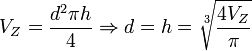 V_Z=\frac{d^2\pi h}{4}\Rightarrow d=h=\sqrt[3]{\frac{4V_Z}{\pi}}