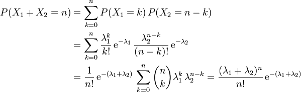 
\begin{align}
P(X_1+X_2=n)&amp;amp;amp;=\sum_{k=0}^n P(X_1=k) \, P(X_2=n-k)\\
&amp;amp;amp;=\sum_{k=0}^n \frac{\lambda_1^k}{k!}\, \mathrm{e}^{-\lambda_1} \, \frac{\lambda_2^{n-k}}{(n-k)!} \,\mathrm{e}^{-\lambda_2}\\
&amp;amp;amp;=\frac{1}{n!}\, \mathrm{e}^{-(\lambda_1+\lambda_2)} \, \sum_{k=0}^n \binom{n}{k} \lambda_1^k \, \lambda_2^{n-k}=\frac{(\lambda_1+\lambda_2)^n}{n!} \, \mathrm{e}^{-(\lambda_1+\lambda_2)}
\end{align}