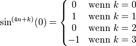 \sin^{(4n+k)}(0)=\left\{\begin{matrix}
0 &amp;amp;amp; \mbox{wenn } k=0 \\
1 &amp;amp;amp; \mbox{wenn } k=1 \\
0 &amp;amp;amp; \mbox{wenn } k=2 \\
-1 &amp;amp;amp;  \mbox{wenn } k=3 \end{matrix}\right.