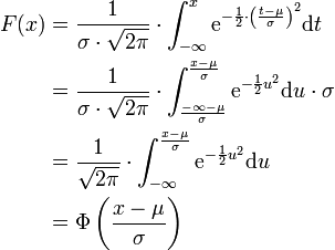 \begin{align}
F(x) &amp;amp;amp;= \frac 1{\sigma \cdot \sqrt{2\pi}} \cdot \int_{-\infty}^x \mathrm e^{-\frac 12 \cdot \left( \frac{t-\mu}{\sigma}\right)^2} \mathrm dt\\
     &amp;amp;amp;= \frac 1{\sigma \cdot \sqrt{2\pi}} \cdot \int_{\frac{-\infty-\mu}\sigma}^{\frac{x-\mu}\sigma} \mathrm e^{-\frac 12 u^2} \mathrm du \cdot \sigma\\
     &amp;amp;amp;= \frac 1{\sqrt{2\pi}} \cdot \int_{-\infty}^{\frac{x-\mu}\sigma} \mathrm e^{-\frac 12 u^2} \mathrm du\\
     &amp;amp;amp;= \Phi \left(\frac{x-\mu}{\sigma}\right)
\end{align}
