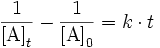  \frac {1} {\mathrm{[A]}_{t}} - \frac {1} {\mathrm{[A]}_{0}} = k \cdot t 
