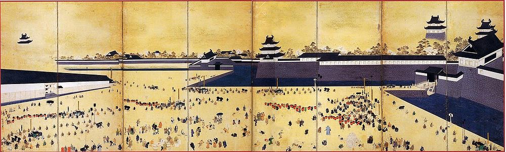 Wandschirm von Kyosai Kiyomitsu 1847 mit der Aufwartung der Daimyō und ihres Gefolges aus den Han Okayama (Paneel 1), Fukuoka (Paneel 4), Kurume (Paneel 5), Tottori (Paneel 6), Satsuma, Izumo (beide Paneel 7) und Sendai (Paneel 8) in der Burg Edo.[1]