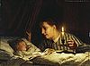 Albert Anker - Junge Mutter, bei Kerzenlicht ihr schlafendes Kind betrachtend.jpg
