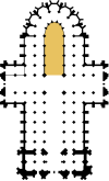 Grob schematisierter Grundriss des Kölner Domes auf Basis diverser alter Grundrisse nachgezeichnet. Binnenchor farblich hervorgehoben