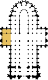 Grob schematisierter Grundriss des Kölner Domes auf Basis diverser alter Grundrisse nachgezeichnet. Nordquerhaus farblich hervorgehoben