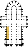Grob schematisierter Grundriss des Kölner Domes auf Basis diverser alter Grundrisse nachgezeichnet. Nördliches Seitenschiff farblich hervorgehoben