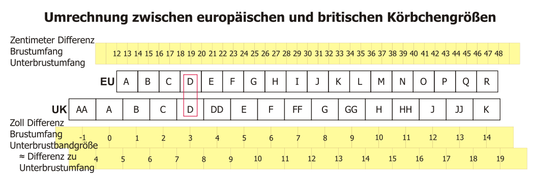 Vergleich der Körbchengrößen im britischen und europäischen System