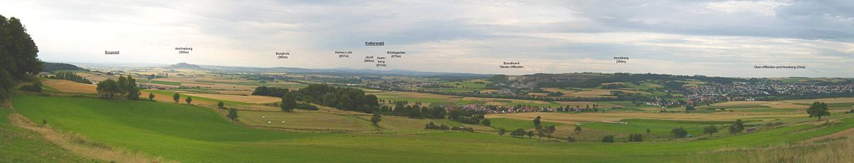 Blick vom Rand des Lumda-Plateaus oberhalb Gontershausens auf das östliche Amöneburger Becken (Ohmtalsenke) mit Amöneburg (365m), Burgholz (380m) und Kellerwald mit (vlnr im Hintergrund) Hohem Lohr (657m), Jeust (585m) und Wüstegarten (675m); rechts das Nördliche Vogelsberg-Vorland mit Hochberg (358m) und der Stadt Homberg (Ohm)