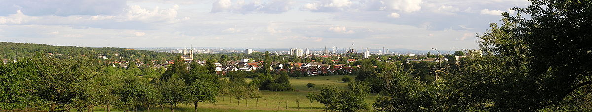 Panorama von Bad Homburg vom Kirdorfer Feld aus, im Hintergrund die Skyline von Frankfurt am Main, Juni 2006