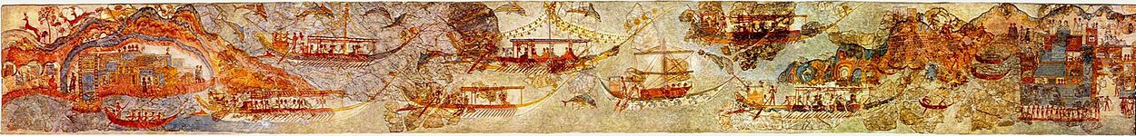 Bronzezeitliches Fresko aus Akrotiri auf Santorin – Schiffsprozession aus einer mit einem Kanal umgebenen Inselstadt zu einer Stadt auf einer anderen Insel oder dem Festland