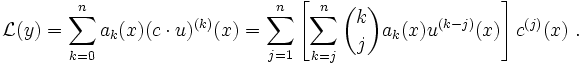 \mathcal{L}(y) = \sum_{k=0}^na_k(x)(c\cdot u)^{(k)}(x) = \sum_{j=1}^n\left[\sum_{k=j}^n{k \choose j}a_k(x)u^{(k-j)}(x)\right]c^{(j)}(x)\ .