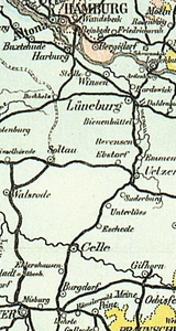 Verbindung nach Hamburg ab 1864 über das Trajekt Lauenburg–Hohnstorf ab 1872 über die  Elbbrücken (Karte von 1899)