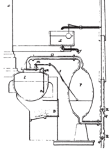 Schemazeichnung der Dampfpumpe von Thomas Savery, Seitenansicht