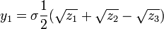 y_1 =\sigma \frac{1}{2}(\sqrt{z_1} + \sqrt{z_2} - \sqrt{z_3})