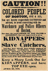Bostoner Plakat, das Farbige vor den „Sklavenfängern“ der Bostoner Polizei warnt