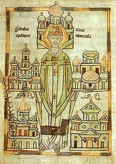 Anno II. mit Modellen der von ihm gestifteten Klöster – Abbildung in der Darmstädter Vita Annonis Minor (um 1180)