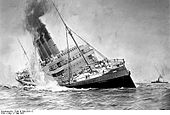 Versenkung des Passagierdampfers "RMS Lusitania" am 7. Mai 1915 durch das deutsche U-Boot U 20.- Gemälde