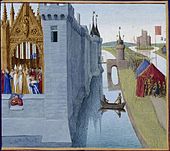 Krönung Ludwigs VI. in Orléans, vor der Stadt sein Gegner Heinrich Beauclerc, der die rebellierenden Barone empfängt (Bild von Jean Fouquet)