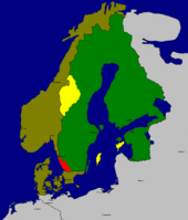 Dänemark und Schweden nach dem Frieden von Brömsebro, gelb und rot die von Dänemark abgetretenen Gebiete