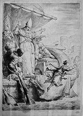 Der entführte junge Kaiser Heinrich IV. springt aus dem Schiff seines Entführers, Radierung von Bernhard Rode (1781)