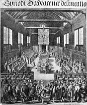 Die Dordrechter Synode (Stich aus dem 17. Jahrhundert)