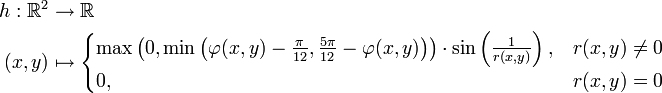 \begin{align}h:\R^2&amp;amp;amp;\to \R \\ (x,y)&amp;amp;amp;\mapsto\begin{cases}\max\left(0,\min\left(\varphi(x,y)-\frac{\pi}{12},\frac{5\pi}{12}-\varphi(x,y)\right)\right)\cdot\sin\left(\frac{1}{r(x,y)}\right), &amp;amp;amp; r(x,y)\neq 0 \\ 0, &amp;amp;amp; r(x,y)=0\end{cases}\end{align} 
