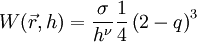 
W(\vec{r}, h) = \frac{\sigma}{h^{\nu}}  \frac{1}{4} \left( 2 - q \right)^{3}
  