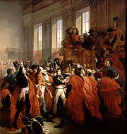 General Bonaparte vor dem Rat der Fünfhundert in Saint Cloud am 10. November 1799. (Gemälde von François Bouchot aus dem Jahr 1840)