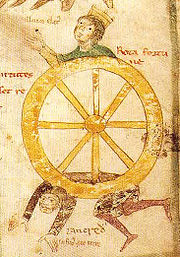 Tankred von Lecce unter dem Rad der Fortuna während sein Rivale Kaiser Heinrich VI. triumphiert, Darstellung aus dem Liber ad honorem Augusti, 1196