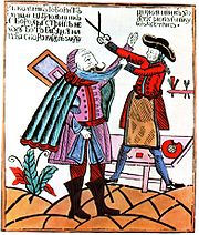 Karikatur auf die Reform Peters des Großen: Einem altgläubigen Russen wird der Bart abgeschnitten, Holzschnitt für ein Flugblatt