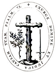 Wappen der Spanischen Inquisition: Neben dem Kreuz als Symbol für den geistlichen Charakter der Inquisition halten Olivenzweig und Schwert die Waage, wodurch das Gleichgewicht zwischen Gnade und Strafe angedeutet werden soll