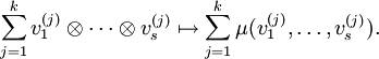 \sum_{j=1}^kv_1^{(j)}\otimes\cdots\otimes v_s^{(j)}\mapsto\sum_{j=1}^k\mu(v_1^{(j)},\ldots,v_s^{(j)}).