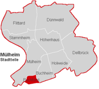 Lage des Stadtteils Buchforst im Stadtbezirk Köln-Mülheim