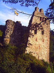 Blick zum Palas von oberhalb des Halsgrabens und dem Rest des Bergfrieds mit Flagge