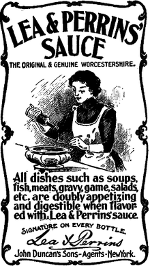 Werbeplakat für Worcestershiresauce, Geschmack und Verdauungsförderung stehen im Mittelpunkt der Webung