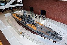 An overhead view of a very large warship model housed in a four-storey gallery. People are viewing the model and taking photographs.