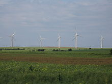  An area of flat green fields with five starkly white wind turbines standing out from the background of a blue sky.