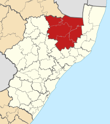 Map of KwaZulu-Natal with Zululand highlighted (2011).svg