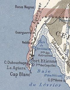 Karte von 1958 mit der Grenzlinie zwischen Mauretanien und Spanisch Sahara