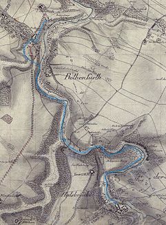 markierter Kanalverlauf (ab 1823) auf einem Meilenblatt von 1786 mit Nachträgen bis 1876