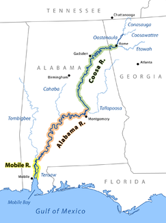 Übersicht von Mobile, Alabama und Coosa River